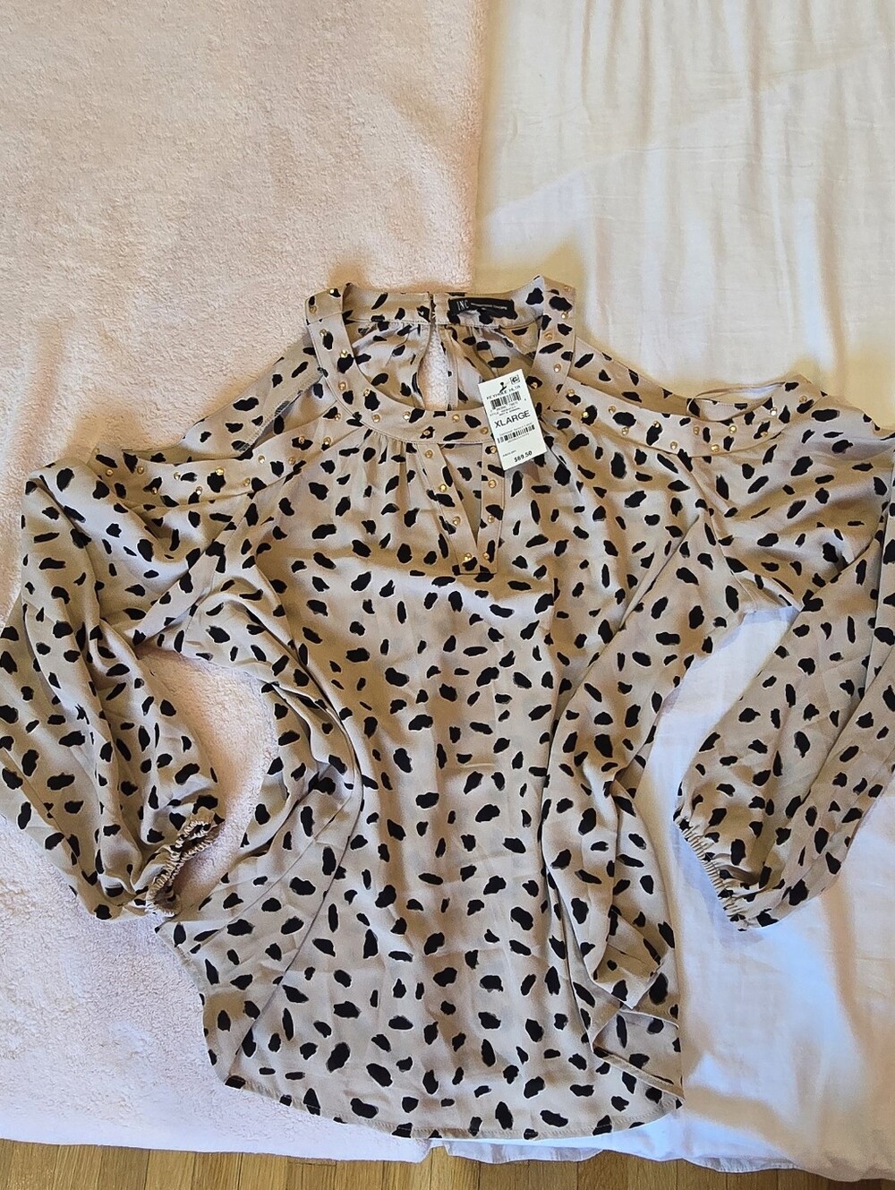 a new day Beige Black Spot Tie-Neck Blouse